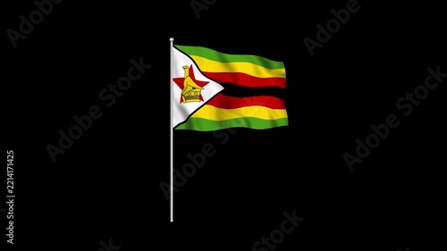 Animation of the Zimbabwe flag fluttering on a flagpole against a transparent background in 4K