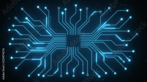 Digital circuit board animation with glowing blue data lines on dark