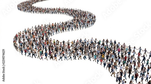 Small connected human figures forming a river, continuous human connection concept, pure white background, no text