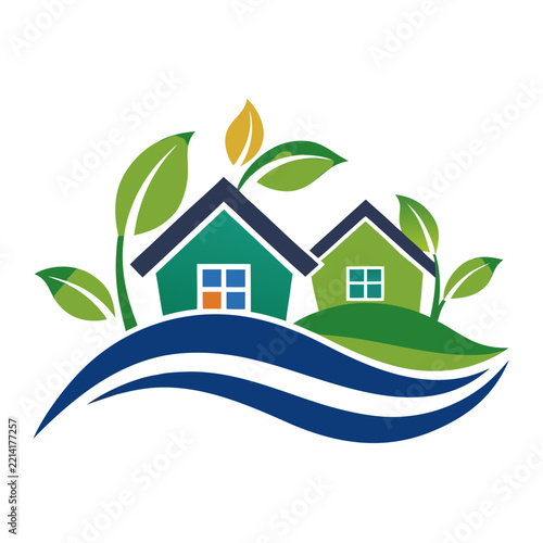 Houses leaves and waves form a colorful vector illustration