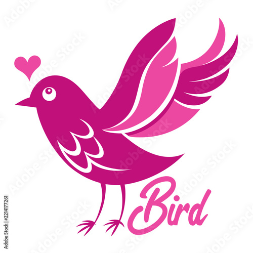 Pink bird silhouette with a heart and stylized wings on white