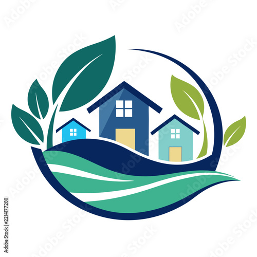 Houses leaves and waves form a colorful vector real estate logo