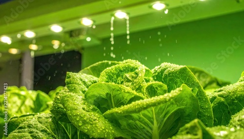 Fresh hydroponic lettuce growing indoors with water misting and overhead grow lights