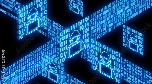 Abstract digital representation of hackers and binary code symbolizing cybercrime and data security threats in a neon blue glow against a dark background.