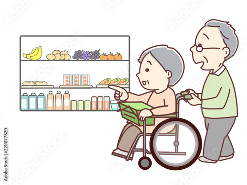 老々介護　車いすで買い物に出かける