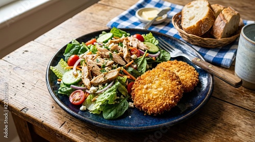 A delightful and nutritious midday meal consisting of a vibrant fresh salad topped with tender chicken and crispy golden potato cakes served