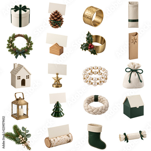 Christmas Table and Gift Accessory Collection with Wreath, Lantern, Place Cards and Holiday Decorations