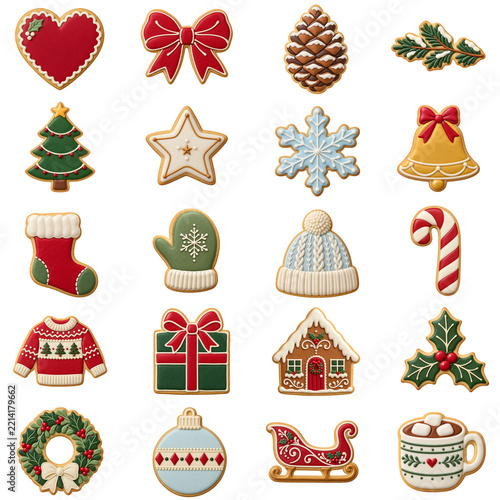 Christmas Sugar Cookie Collection with Festive Icing Designs on Transparent Background