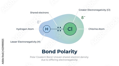 Diagram illustrating bond polarity in a polar covalent bond between hydrogen and chlorine atoms