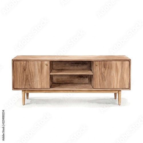 Watercolor Wooden TV Stand Media Console Isolated on White