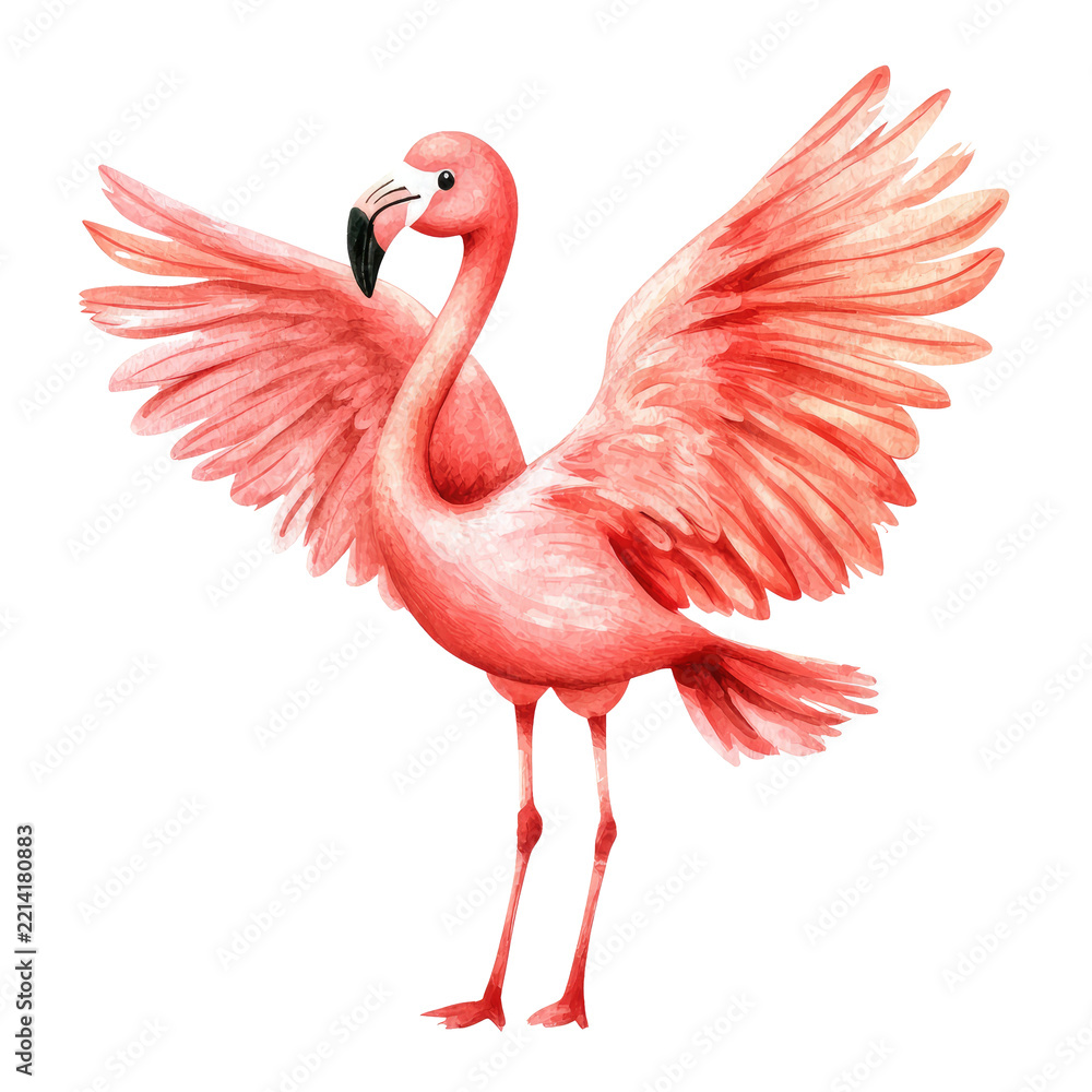 Fototapeta premium Watercolor Flamingo with Spread Wings White Background