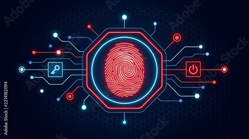 Digital security concept with glowing red fingerprint icon key and power symbols connected by circuit lines on a dark hexagonal grid background