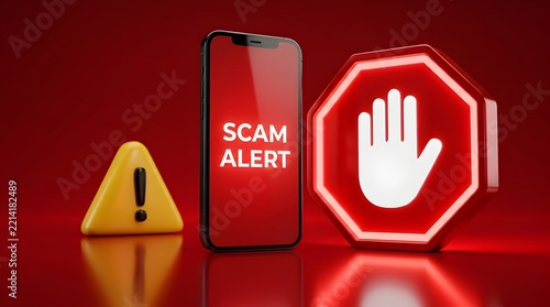Scam alert warning on smartphone screen with stop hand symbol and exclamation mark in a triangle red background concept of online danger and fraud prevention