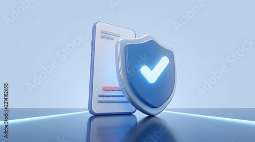 Digital security concept A glowing blue shield with a white checkmark protects a stylized smartphone or document symbolizing data protection and safety