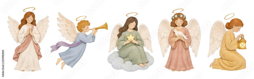 Fototapeta premium PNG Watercolor angel illustrations with halos, wings, stars, trumpet, lantern