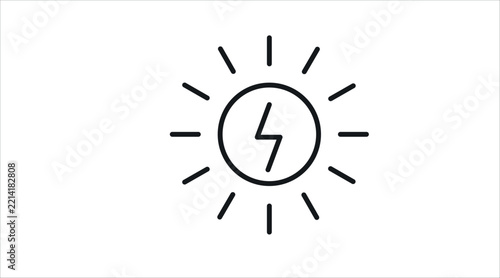 Sun rays with lightning bolt electricity vector icon. Black line art style on white background. Clean outline solar power symbol for renewable green energy, sustainable technology