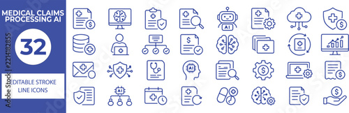 32 Medical Claims Processing AI Vector Outline Icons Set,Healthcare Billing, Insurance Claims, Medical Documents, Artificial Intelligence and Digital Health Line Symbols Collection