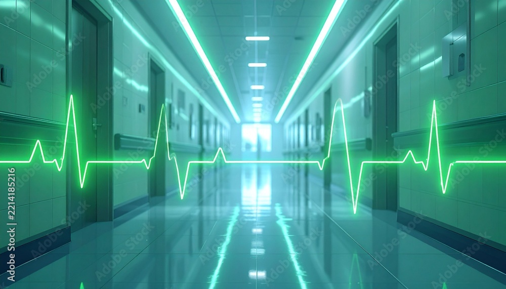 Fototapeta premium The background image features a hospital corridor with an overlay of a heartbeat waveform and bright green glowing lines atop the blurred interior view. It conveys a sense of calm and modern healthca