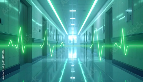 The background image features a hospital corridor with an overlay of a heartbeat waveform and bright green glowing lines atop the blurred interior view. It conveys a sense of calm and modern healthca