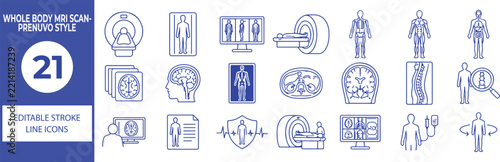 21 Whole Body MRI Scan Vector Outline Icons Set,Medical Imaging, Full Body Scan, Radiology, MRI Machine and Diagnostic Healthcare Line Symbols Collection