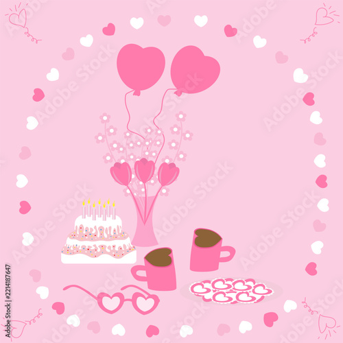 Cake, cookies, flowers, and hearts. Romantic background. Concept of holidays March 8, Mother s Day, Valentine s Day, Family Day.