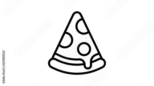 Minimalist black outline vector graphic illustration of single pizza slice with pepperoni toppings