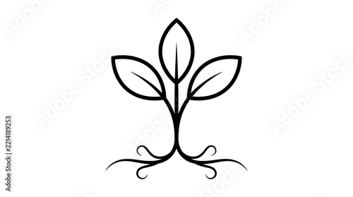 Minimalist vector graphic illustration featuring sprouting green leaves with delicate swirling roots for design projects