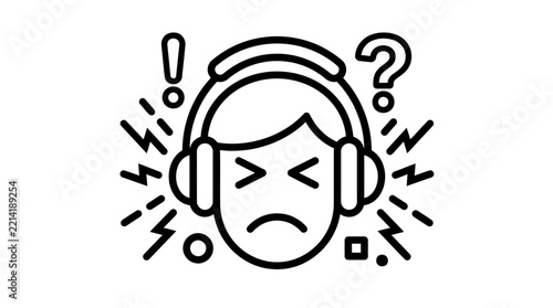Frustrated person wearing headphones experiencing loud noise and confusion in simple black line vector graphic