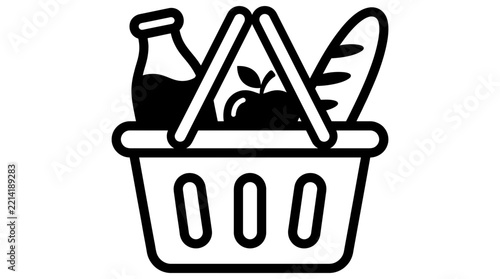Grocery basket vector graphic icon loaded with fresh food items for supermarket and retail concepts