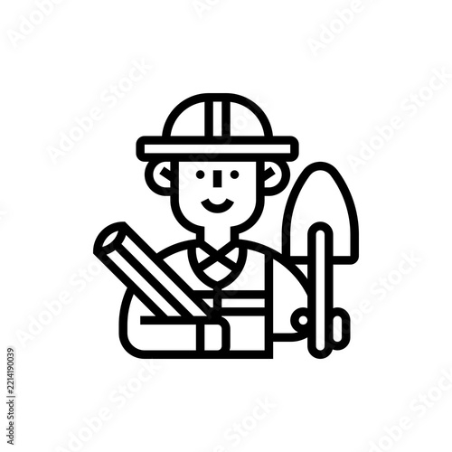  Construction Worker Engineer Icon With Blueprint And Shovel