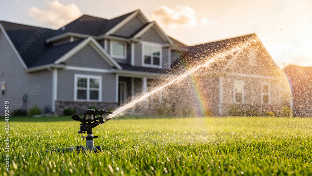 Fototapeta premium Automatic garden sprinkler spraying refreshing water droplets across vibrant green lawn under warm sunset lighting
