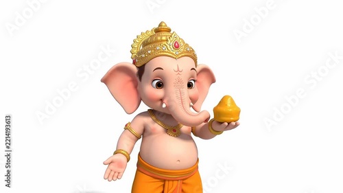 3D animated lord ganesha playing with modak sweet, cute hindu deity character for ganesh chaturthi festival celebration
