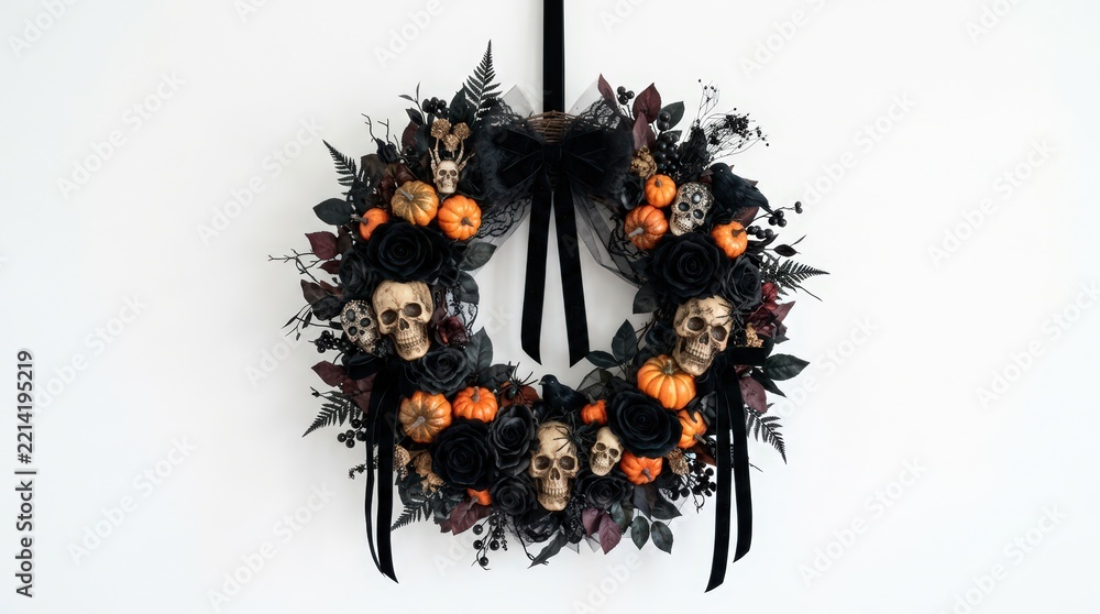 Fototapeta premium A spooky Halloween wreath featuring realistic skulls, miniature orange pumpkins, and black floral accents hanging against a plain white wall background