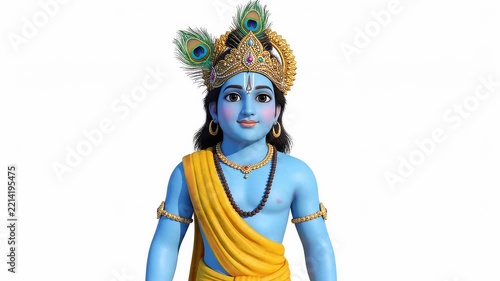 3D animated lord krishna character portrait with peacock feather crown and traditional indian attire isolated on white background