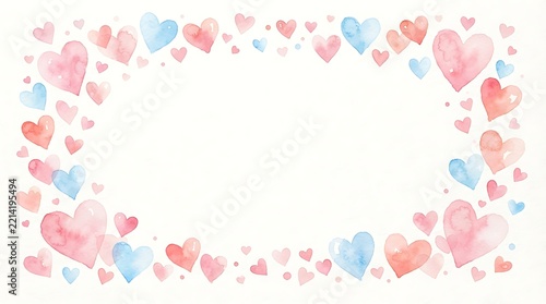 Watercolor hearts forming a delicate frame with a white center background