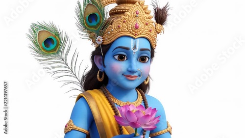 3D animated lord krishna holding pink lotus flower, divine hindu deity character for spiritual and cultural projects