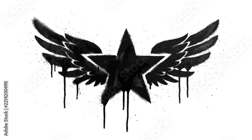 Black spray paint star featuring detailed feathered wings dripping heavily downward creating dramatic urban art