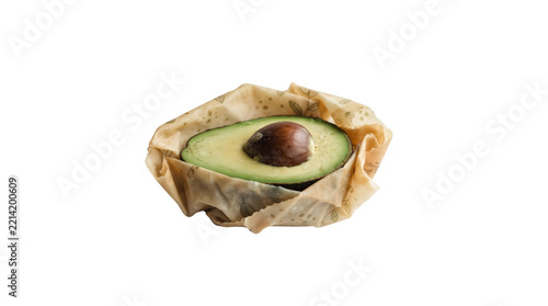 Half cut avocado wrapped in eco friendly beeswax food wrap
