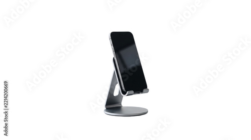 Modern aluminum smartphone stand holding sleek mobile phone isolated white background