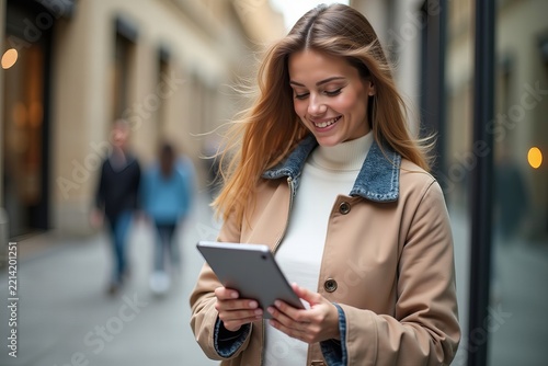 Woman browsing fashion clothes on a tablet while shopping online