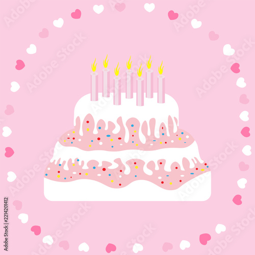 A cake with candles and hearts around it. A romantic background. Concept of holidays March 8, Mother s Day, Valentine s Day, Family Day