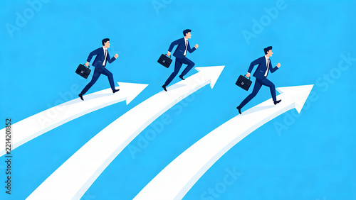 Three businessmen in suits run upward on white arrows, symbolizing career growth and competitive progress in business.