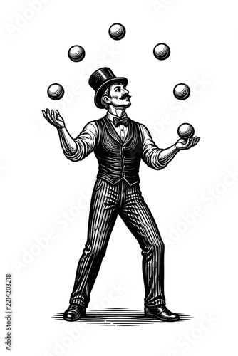 Vintage Engraved Juggler Illustration with Top Hat and Balls in Motion Classic Circus Ringmaster Art Style Black and White Vector Graphic Design for Print or Digital Use High Detail Retro Entertainmen