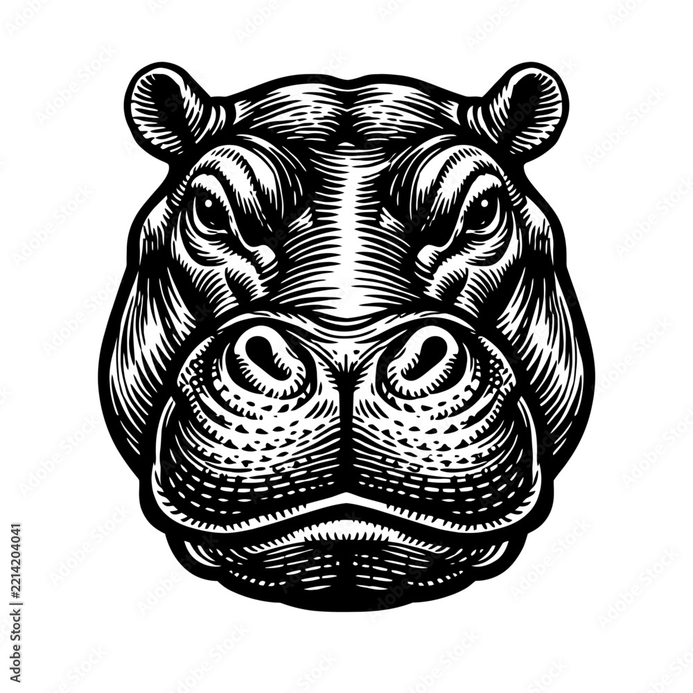 Obraz premium Wildlife Black And White Line Art Illustration Featuring A Fierce Hippopotamus And A Majestic Zebra In High Contrast Vector Style For Tattoos And Graphic Design Projects On White Background