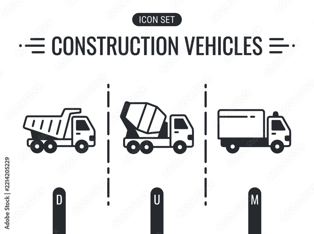 Obraz premium Construction Vehicles Vector Icon Set with Dump Truck and Mixer