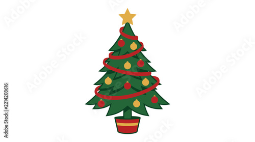 Decorated Christmas Tree Vector Illustration with Star and Ornaments