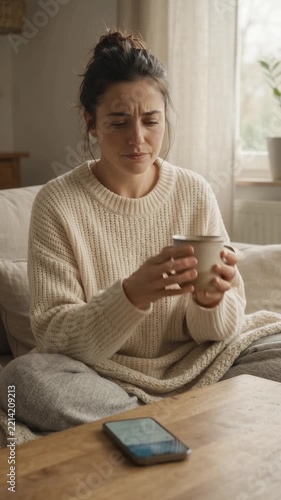 Frustrated Young Woman Reading Bad News on Smartphone While Drinking Coffee at Home Living Room