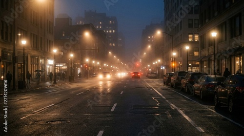 Rainy Night City Street Scene with Glowing Streetlights and Traffic Through Fog
