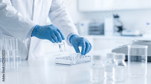 Researcher wearing blue protective gloves placing small glass vials into a rack during chemical testing in a modern laboratory for pharmaceutical research and development processes