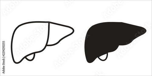 Human liver anatomy icon set featuring black outline and solid silhouette for medical use.